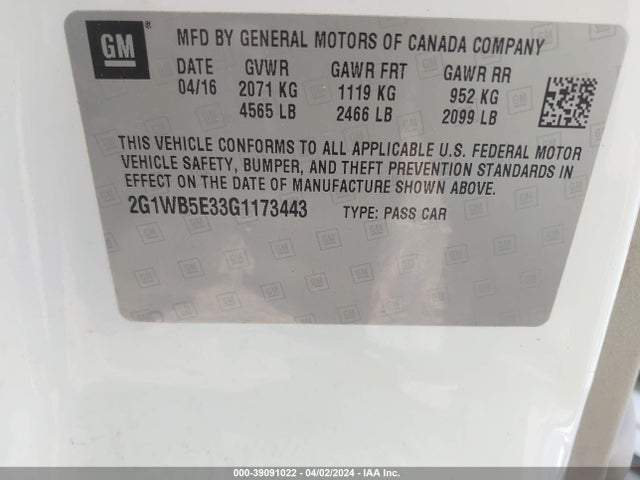 Chevrolet Impala Limited Lt 2016 2G1WB5E33G1173443 Image 9