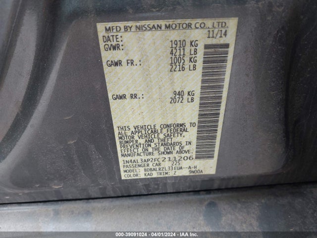 Nissan Altima 2.5 Sl 2015 1N4AL3AP2FC211206 Image 9