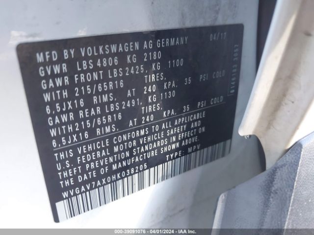WVGAV7AX0HK038205 Volkswagen Tiguan 2.0t/2.0t S