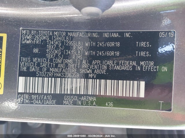 Toyota Highlander Le Plus 2019 5TDZZRFH4KS336359 Image 9