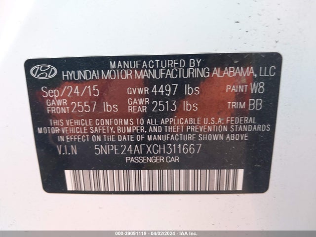 Hyundai SONATA SE 2016 5NPE24AFXGH311667 Image 9