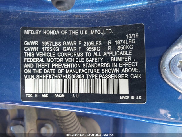 Honda CIVIC EX 2017 SHHFK7H57HU205808 Image 9