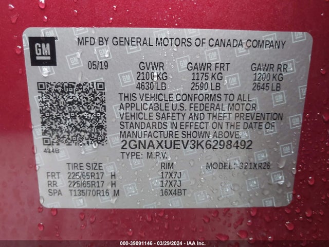 Chevrolet EQUINOX LT 2019 2GNAXUEV3K6298492 Image 9