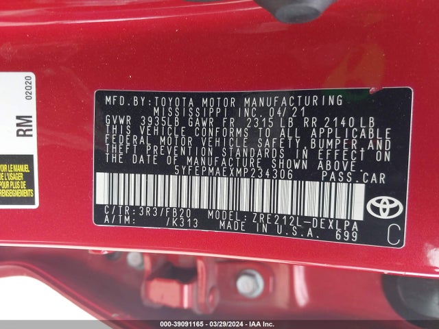 Toyota COROLLA LE 2021 5YFEPMAEXMP234306 Image 9