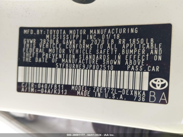 Toyota COROLLA LE 2018 5YFBURHE9JP802510 Image 9