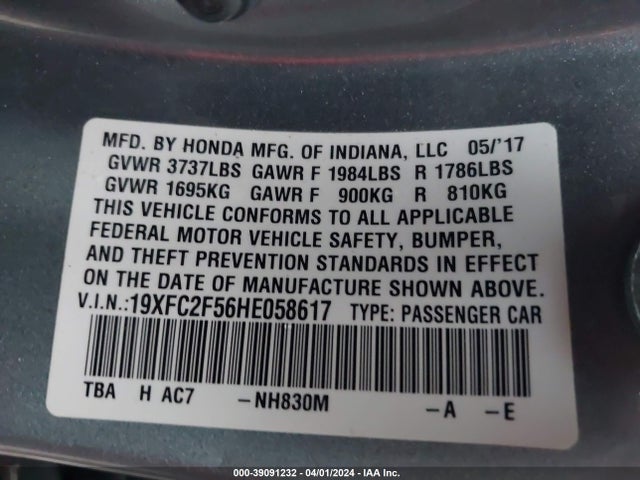 Honda Civic Lx 2017 19XFC2F56HE058617 Image 9