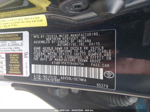 Toyota CAMRY LE 2015 4T4BF1FK7FR494754 Image 9