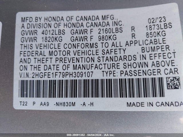 Honda Civic Ex /ex W/o Bsi 2023 2HGFE1F79PH309107 Image 9
