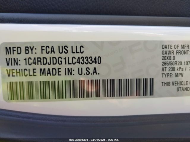 1C4RDJDG1LC433340 Dodge Durango Gt Plus Awd