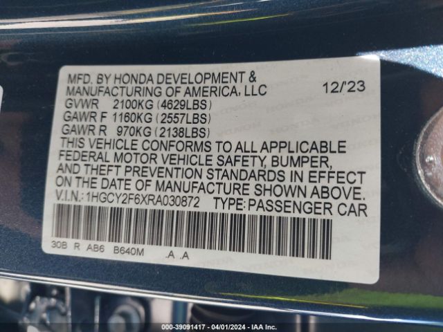 1HGCY2F6XRA030872 Honda Accord Hybrid Ex-l