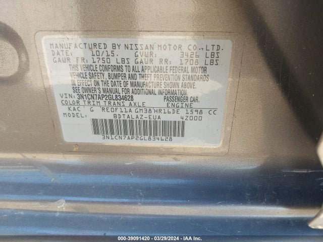 Nissan Versa 1.6 S+ 2016 3N1CN7AP2GL834628 Image 9