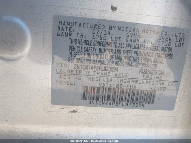 Nissan Versa S/s Plus/sv/sl 2015 3N1CN7AP8FL833594 Image 9