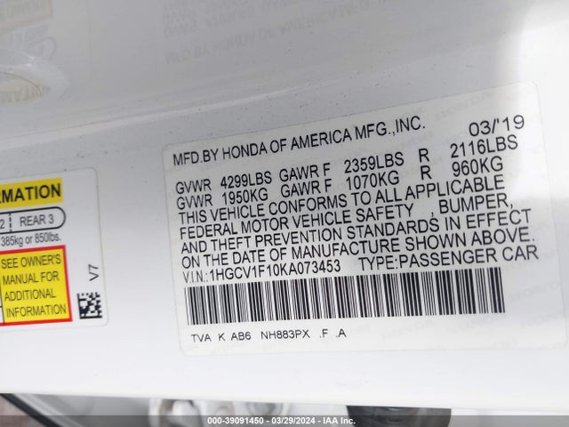 Honda ACCORD LX 2019 1HGCV1F10KA073453 Image 9