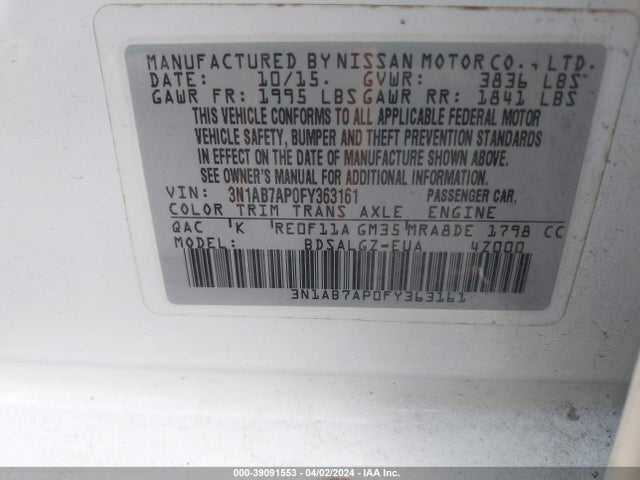Nissan SENTRA SL 2015 3N1AB7AP0FY363161 Image 9