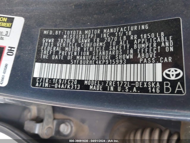 Toyota COROLLA SE 2019 5YFBURHE4KP915993 Image 9