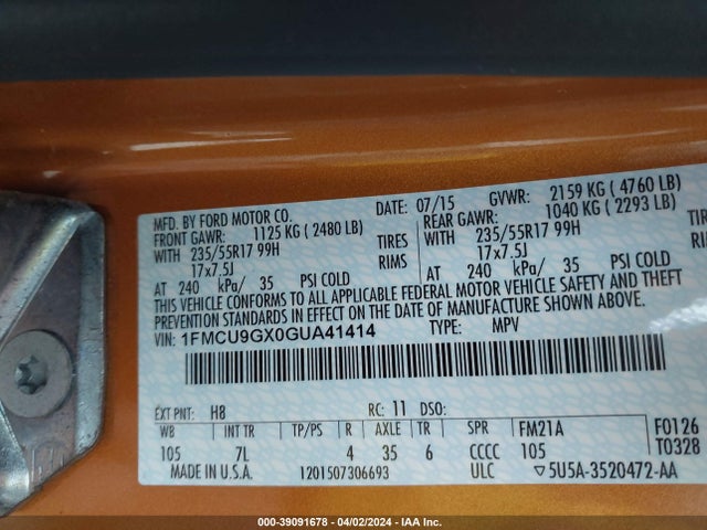 Ford ESCAPE SE 2016 1FMCU9GX0GUA41414 Image 9