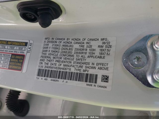 2HKRW1H53NH406716 Honda Cr-v 2wd Ex