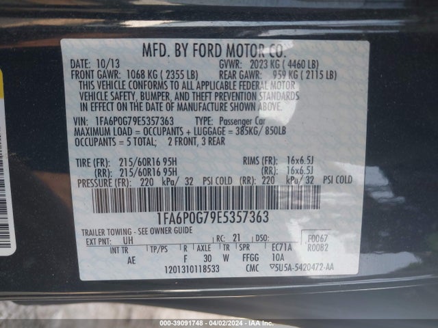 Ford FUSION S 2014 1FA6P0G79E5357363 Image 9