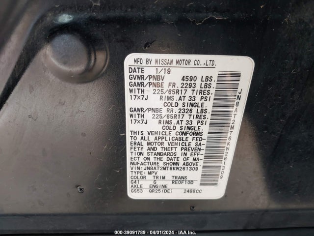 Nissan ROGUE SV 2019 JN8AT2MT6KW261309 Image 9