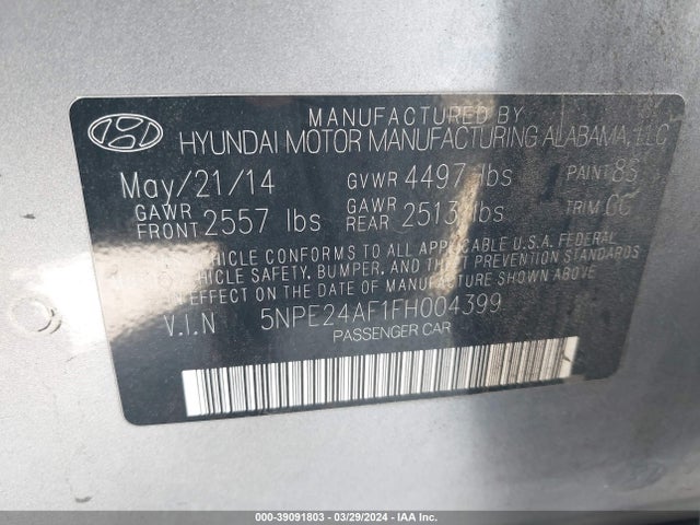 Hyundai SONATA SE 2015 5NPE24AF1FH004399 Image 9
