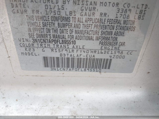 Nissan Versa 1.6 S 2015 3N1CN7AP0FL895510 Image 9