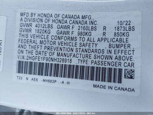 Honda Civic Touring 2022 2HGFE1F90NH328918 Image 9