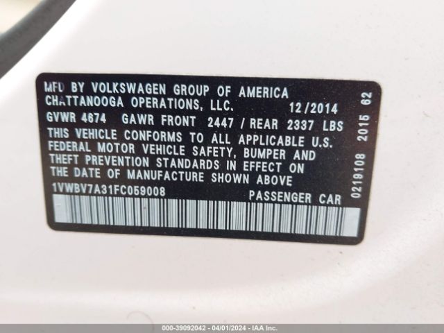 1VWBV7A31FC059008 Volkswagen Passat 2.0l Tdi Se