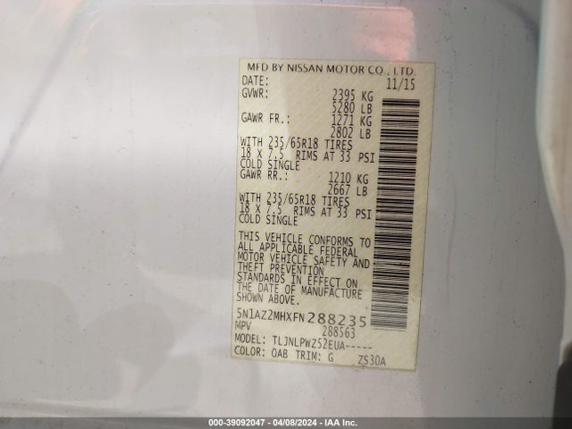 Nissan MURANO S 2015 5N1AZ2MHXFN288235 Image 9