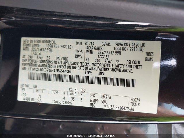Ford ESCAPE SE 2015 1FMCU0G76FUB24436 Image 9