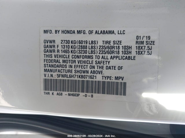Honda Odyssey Ex-l 2019 5FNRL6H71KB071621 Image 9