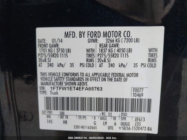 Ford F-150 Lariat 2014 1FTFW1ET4EFA65763 Image 9