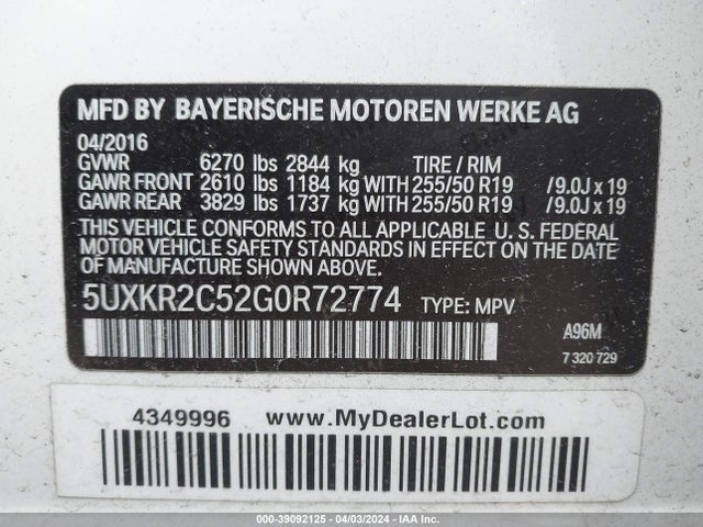 BMW X5 Sdrive35i 2016 5UXKR2C52G0R72774 Image 9