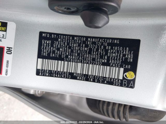 5YFBURHEXHP622902 Toyota COROLLA SE