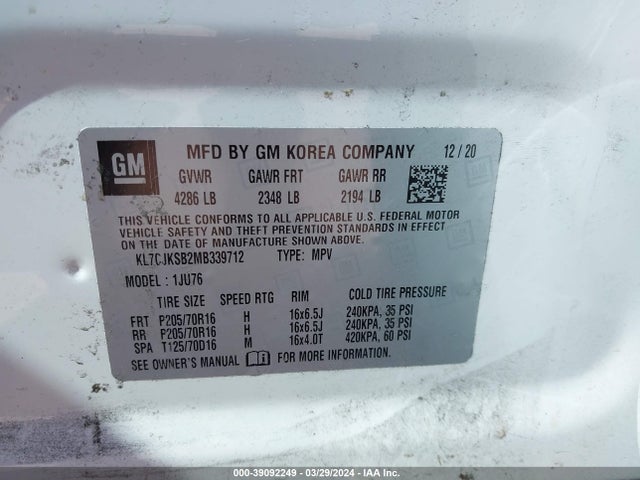 Chevrolet Trax Fwd Ls 2021 KL7CJKSB2MB339712 Image 9