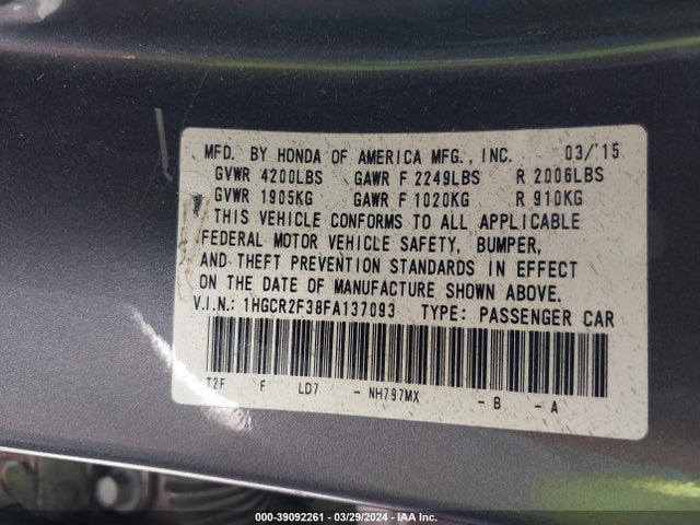 Honda ACCORD LX 2015 1HGCR2F38FA137093 Image 9