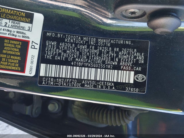 Toyota CAMRY SE 2016 4T1BF1FK5GU255182 Image 9