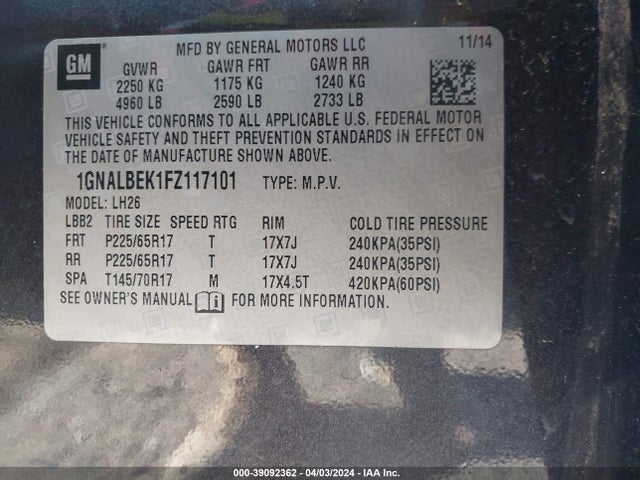 Chevrolet EQUINOX 1LT 2015 1GNALBEK1FZ117101 Image 9