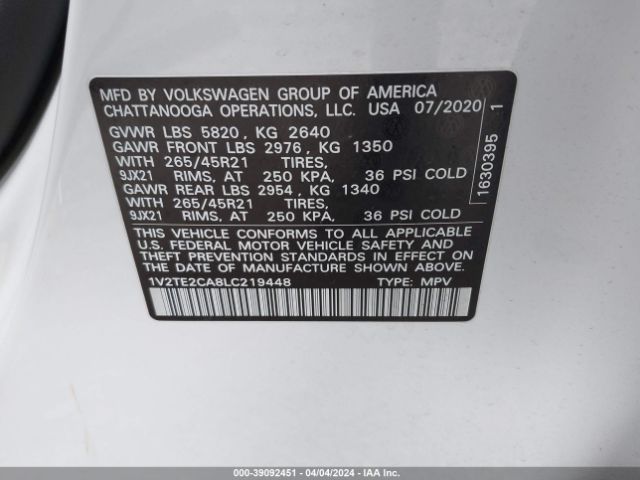 1V2TE2CA8LC219448 Volkswagen Atlas Cross Sport 3.6l V6 Sel Premium R-line