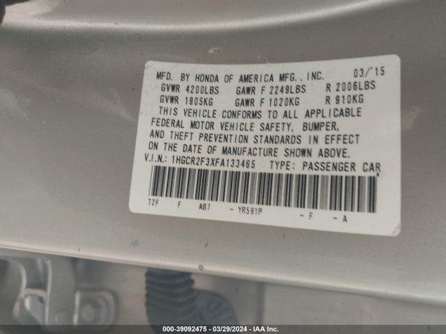 Honda ACCORD LX 2015 1HGCR2F3XFA133465 Image 9