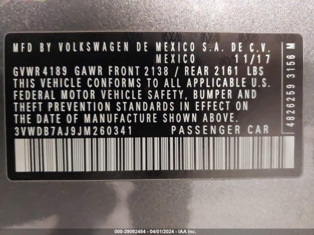 3VWDB7AJ9JM260341 Volkswagen Jetta 1.4t Se/1.4t Wolfsburg Edition