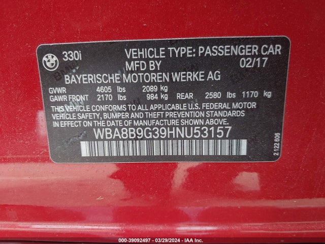BMW 330I 2017 WBA8B9G39HNU53157 Image 9