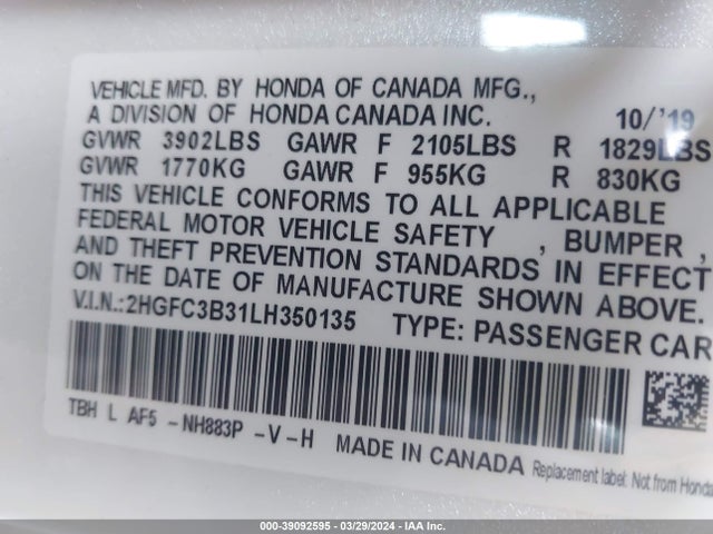 Honda CIVIC EX 2020 2HGFC3B31LH350135 Image 9