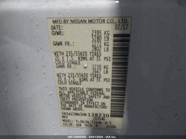 5N1AZ2MH3HN138230 Nissan Murano Platinum