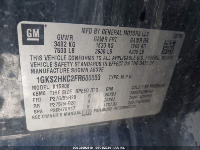 1GKS2HKC2FR600553 GMC Yukon Xl 1500 Slt