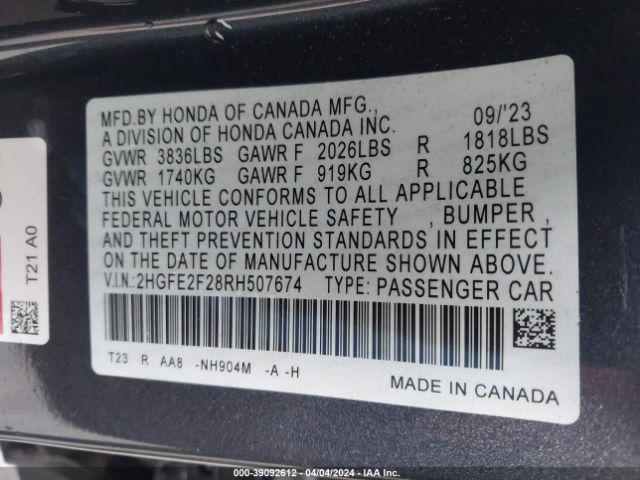 2HGFE2F28RH507674 Honda Civic Lx