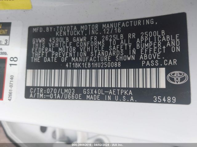 4T1BK1EB1HU250088 Toyota AVALON LIMITED