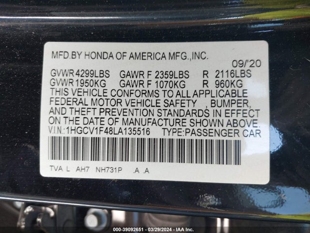 Honda ACCORD EX 2020 1HGCV1F48LA135516 Image 9