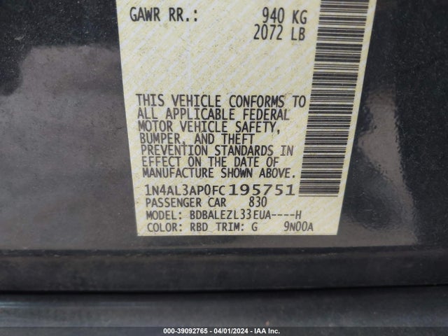 Nissan Altima 2.5 S 2015 1N4AL3AP0FC195751 Image 9