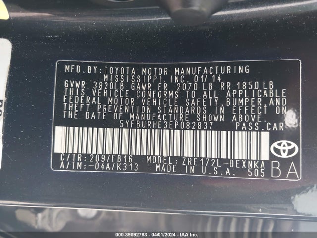 Toyota COROLLA LE 2014 5YFBURHE3EP082837 Image 9