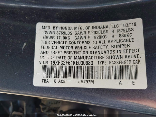 Honda Civic Lx 2019 19XFC2F61KE030983 Image 9